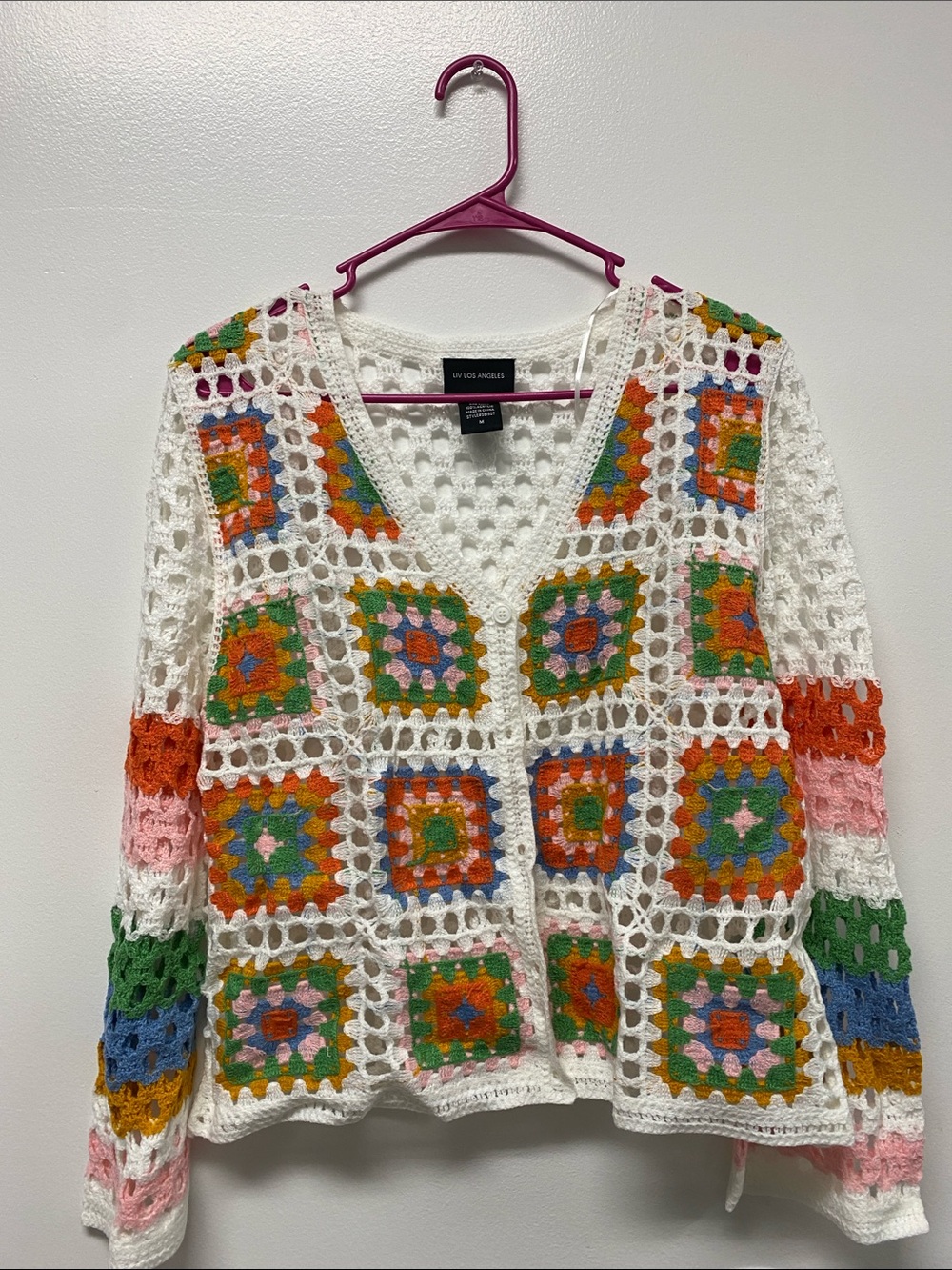 White Crochet Multicolor Square Cardigan Sweater - UV Los Angeles